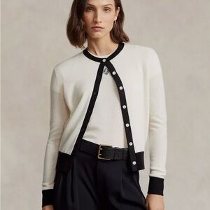 NWT Ralph Lauren Logo Embroidered Cashmere Cardigan Black and White